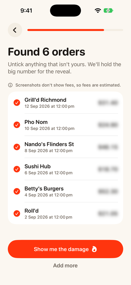 Nibbld found 6 orders from screenshots, with the amounts blurred until the reveal